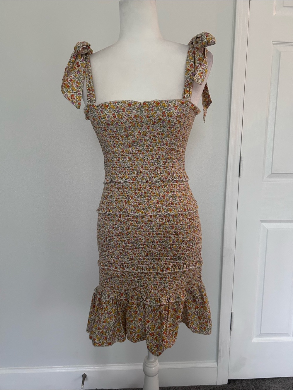 MARBLE Yellow Floral Smocked Tie-Shoulder Mini Dress